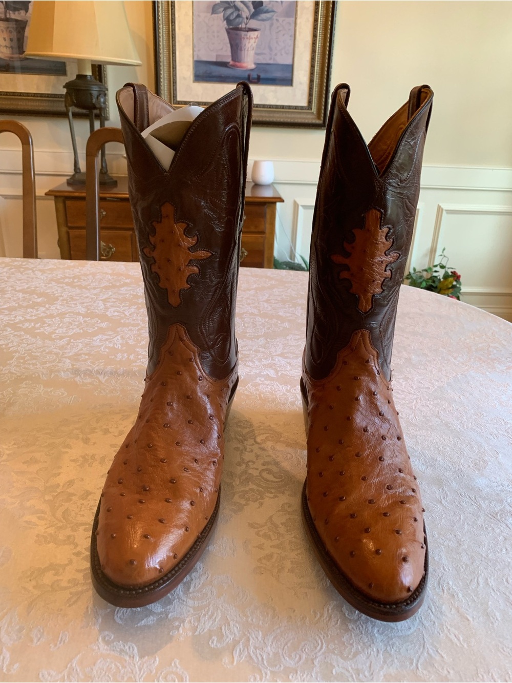 Men's Two-Tone Ostrich-Texture Western Boots in Brown and Tan